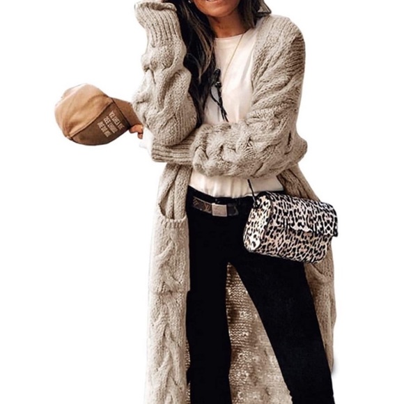 Beige Long Cardigan Coats Cable Knit Casual Open Front Long Sleeve - Picture 1 of 5